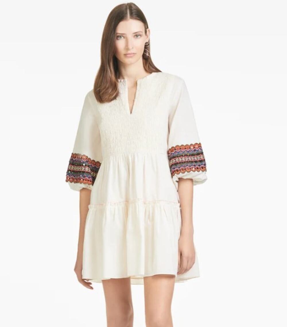 Sachin & Babi Coco Dress L Ivory Smocked Embroidered Sleeve Babydoll Tiered Mini